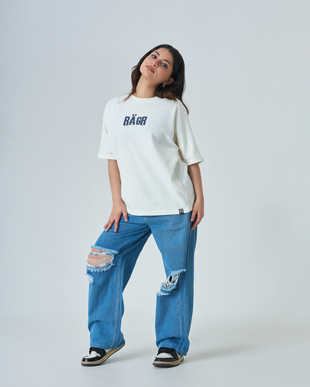 Distressed T Shirt- Cream