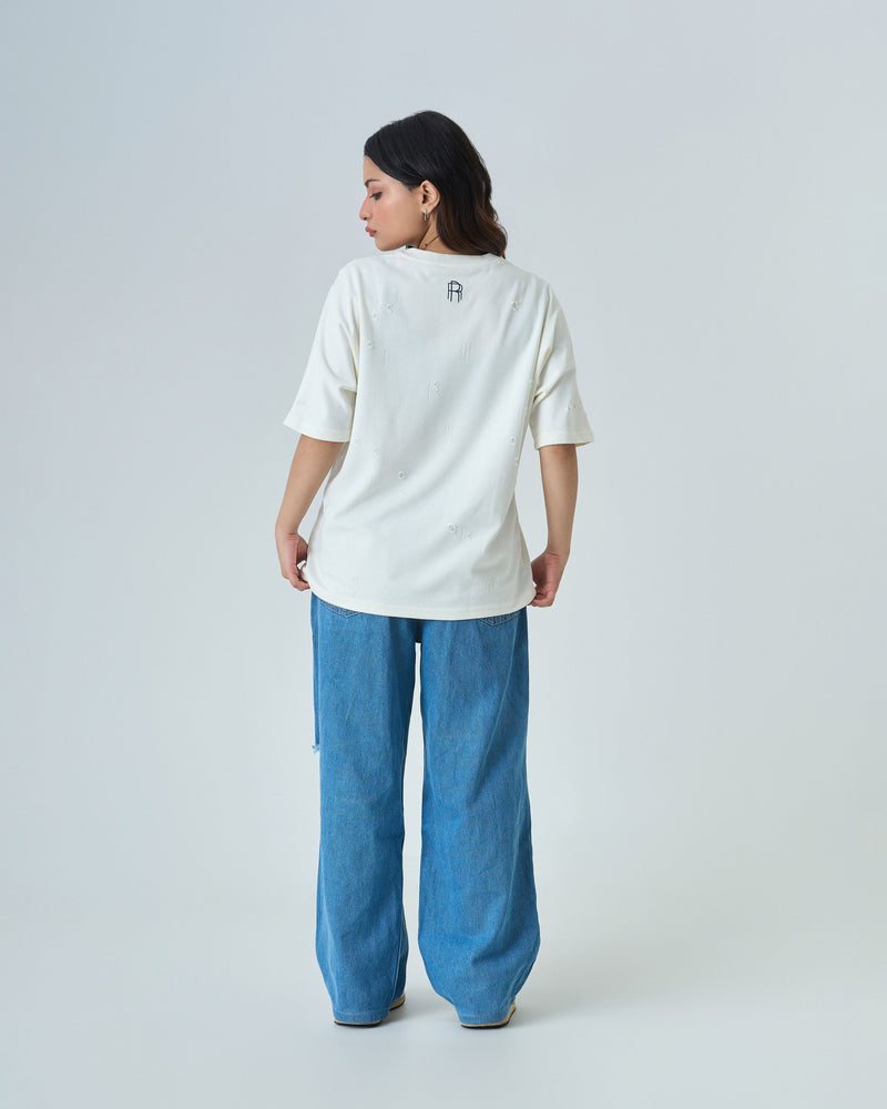 Distressed T Shirt- Cream