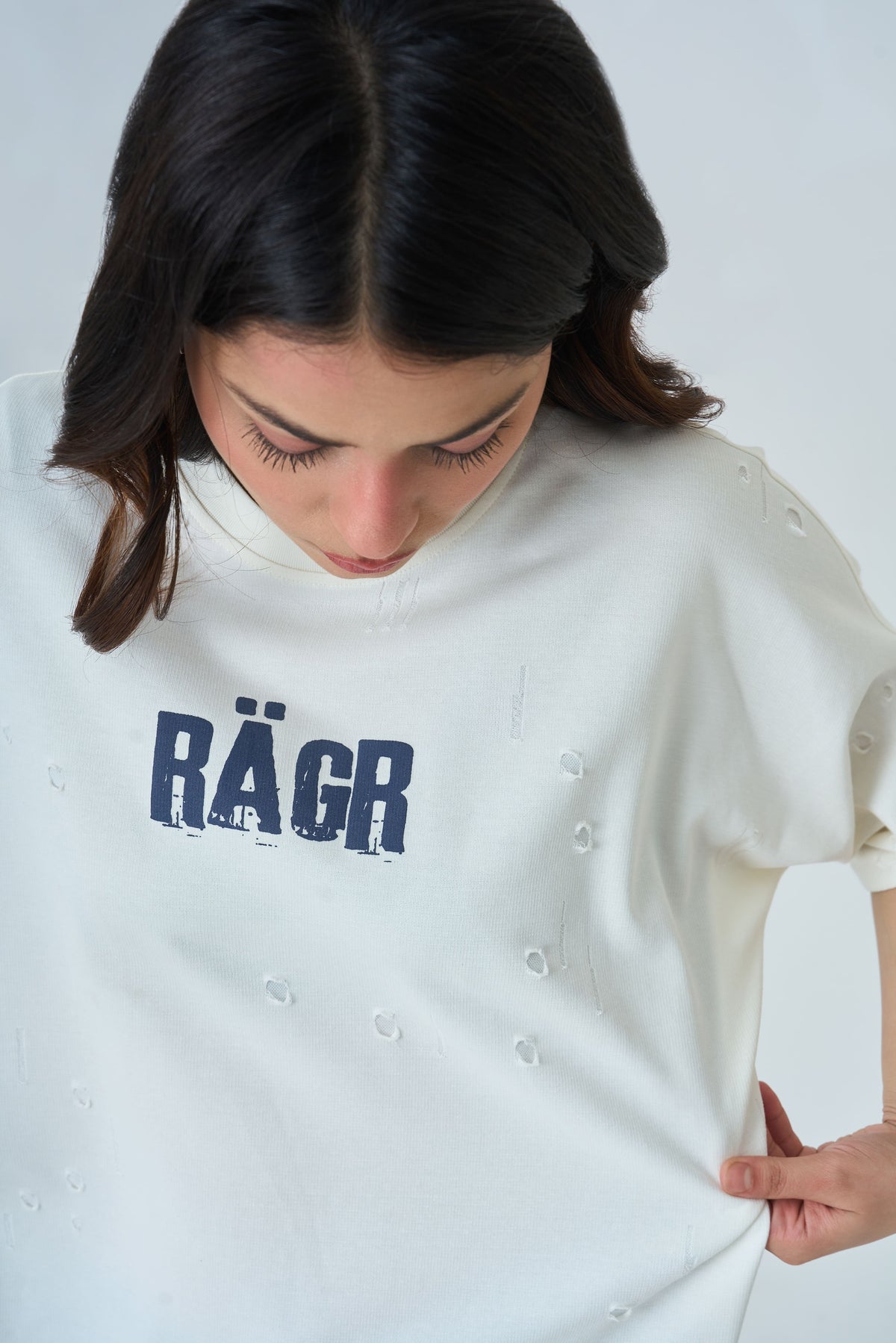 Distressed T Shirt- Cream